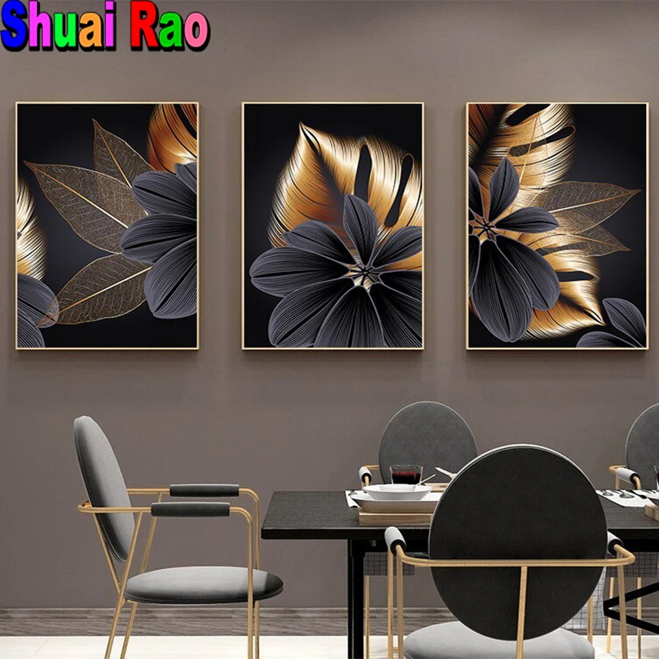 

Black Gold Plant Leaf Diamond Painting 3 Piece Home Decoration Abstract Wall Art Rhinestone Embroidery Triptych Wall Decor