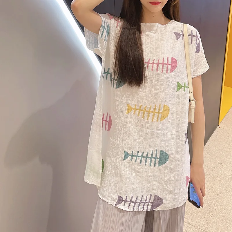 

White Short Sleeved Top Women's Loose Large Medium And Long Hip Covering Thin 2021 New Wrinkled T-shirt Pullover