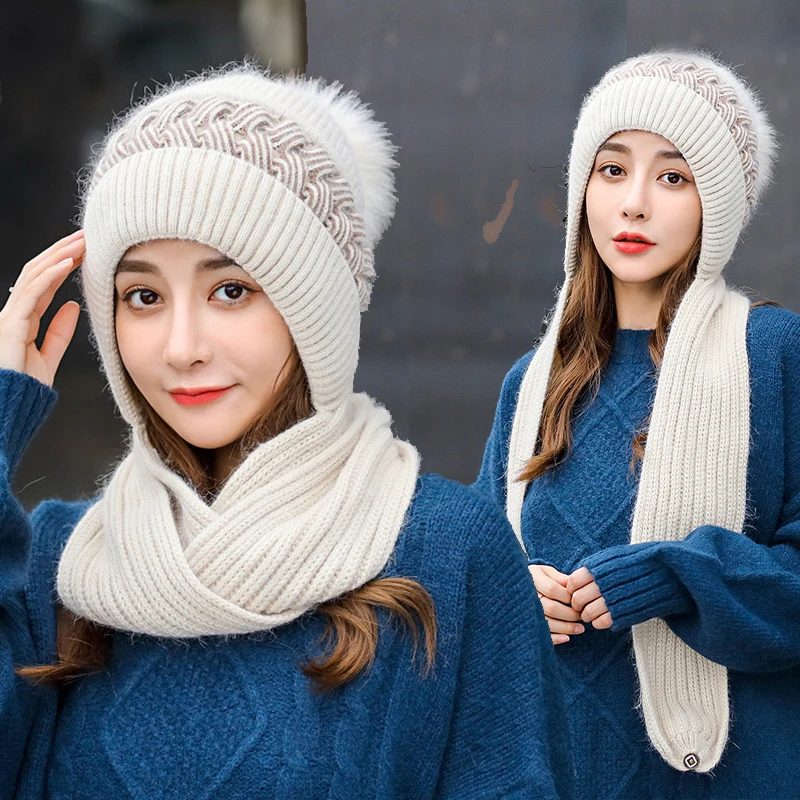 

Winter Warm Hat, Women's Hat, Knitted Hat, Rabbit Hair, Fashion Hat, Scarf One-Piece Hat, Conjoined girl Baotou Mother's Hat