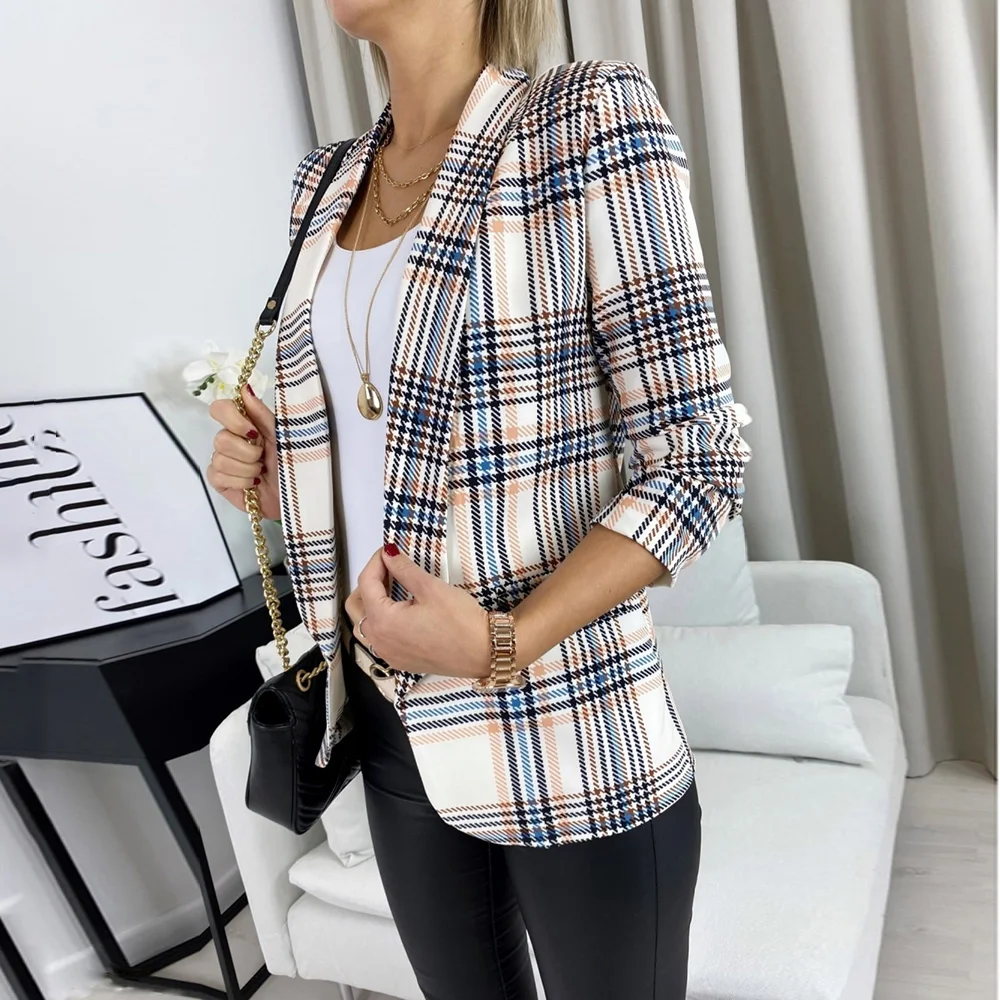 

Women Casual Plaid Blazer Aautumn Long Sleeve Open Stitch Slim Blazer Coat Fashion Jackets 2021 Office Lady Blazers Outwear