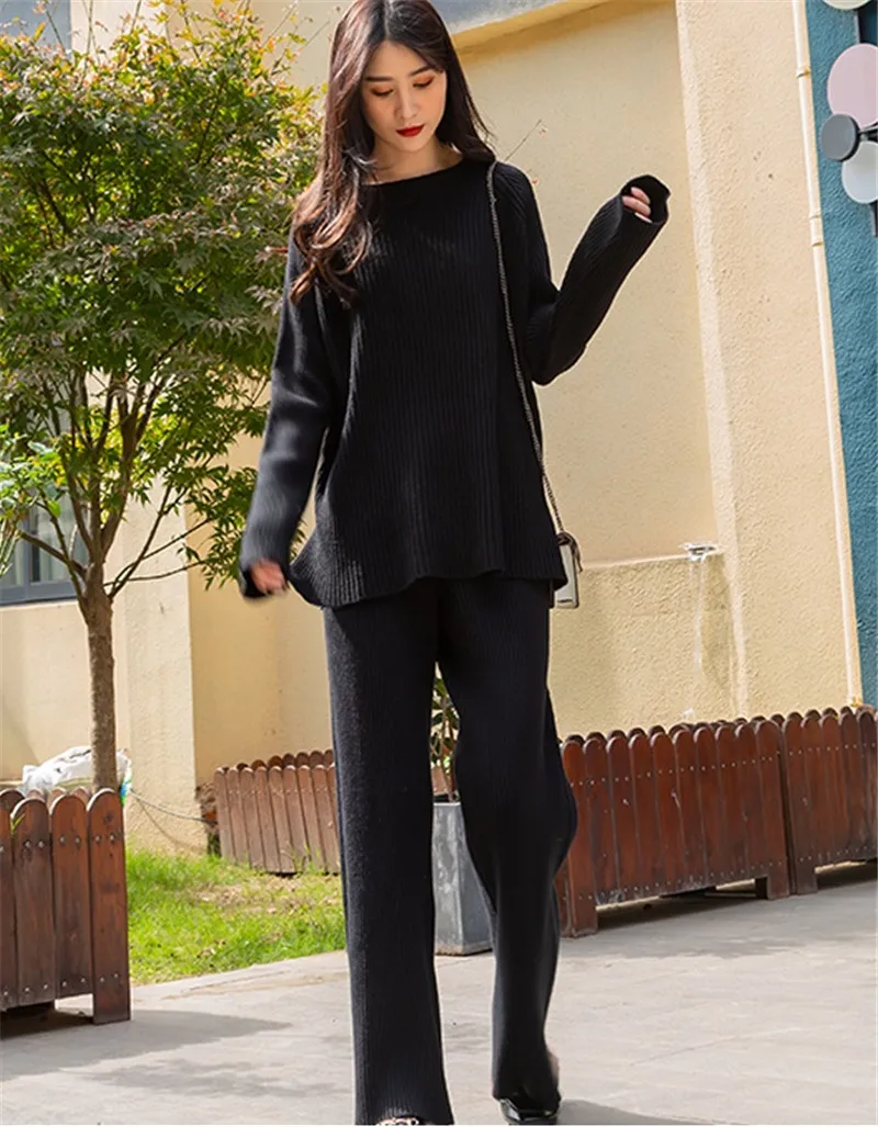 

CBAFU sweater set knitted wide legs pants vintage striped loose knit two pieces set women tracksuit autumn winter outfits M087