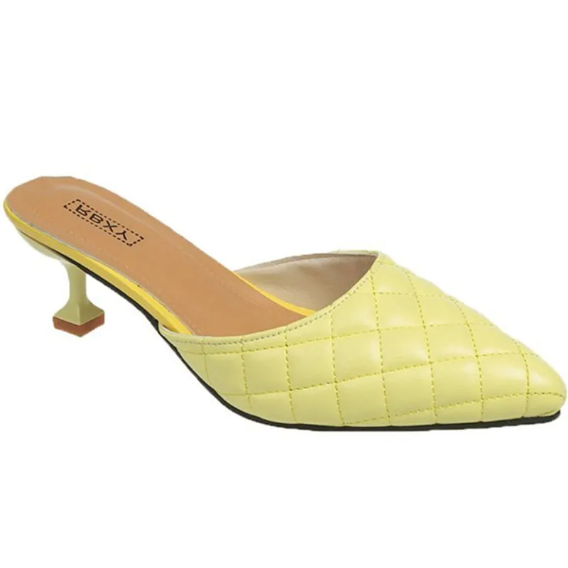 

Slippers Casual Med Female Shoes Cover Toe Thin Heels Slides Mules For Women 2021 Low Luxury New Summer Soft Pointed PU Fabric R