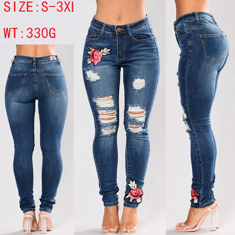 

Stretch Jeans for Women Elastic Flower Jeans Ladies Pencil Denim Pants Embroidered Pattern Jeans Hole Ripped Pantalon Rose MID