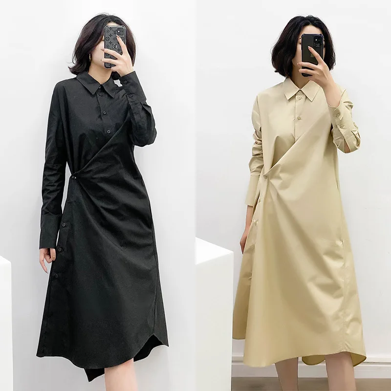 

Women's Midi Dress Oblique Button Turn-down Collar A-line Knot Long Sleeve Ladies Shirt Robes 2021 Early Autumn New