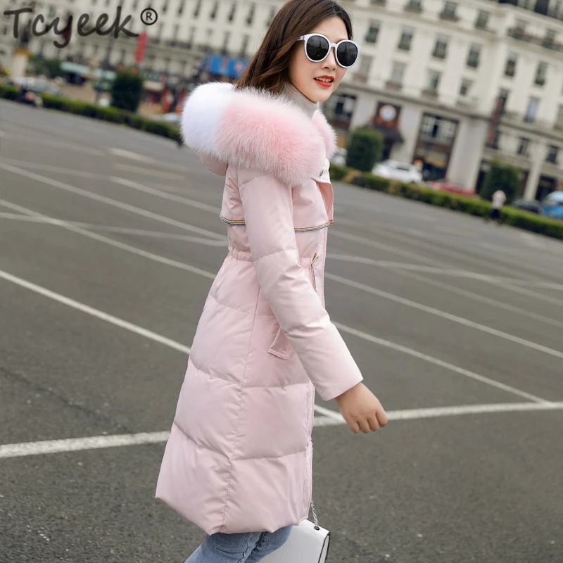 

Tcyeek Winter Down Jacket Woman Hooded Slim Long Down Coats Female 90% White Duck Down Parka Real Fox Fur Ladies Clothes LWL1345