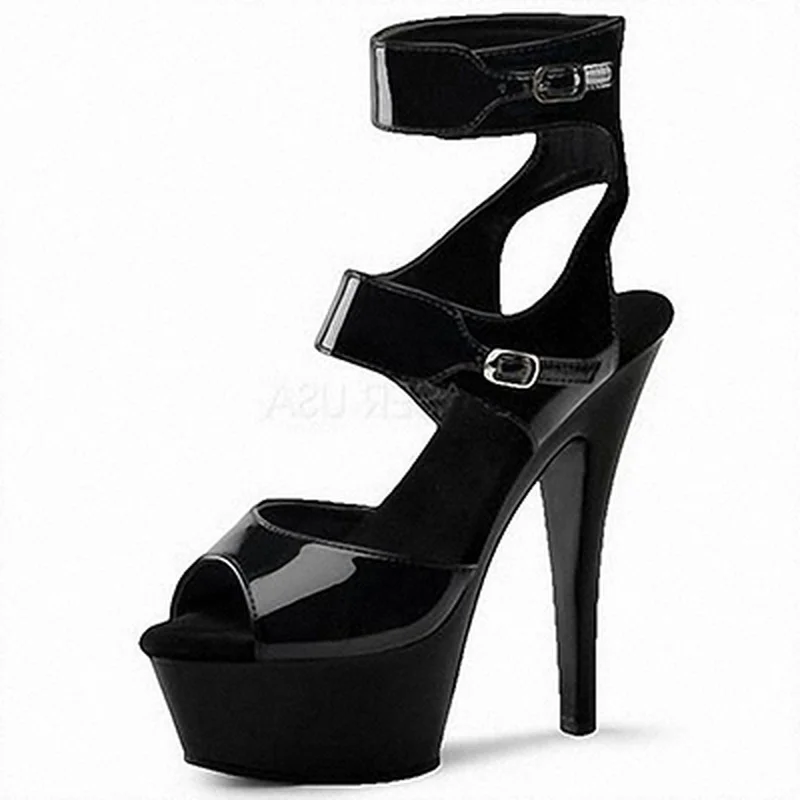 

Mclubgirl 15cm Heels New Super High Heels Women's Shoes, All Kinds of Fish Mouth Sexy Hollow Patent Leather Sandals LYP