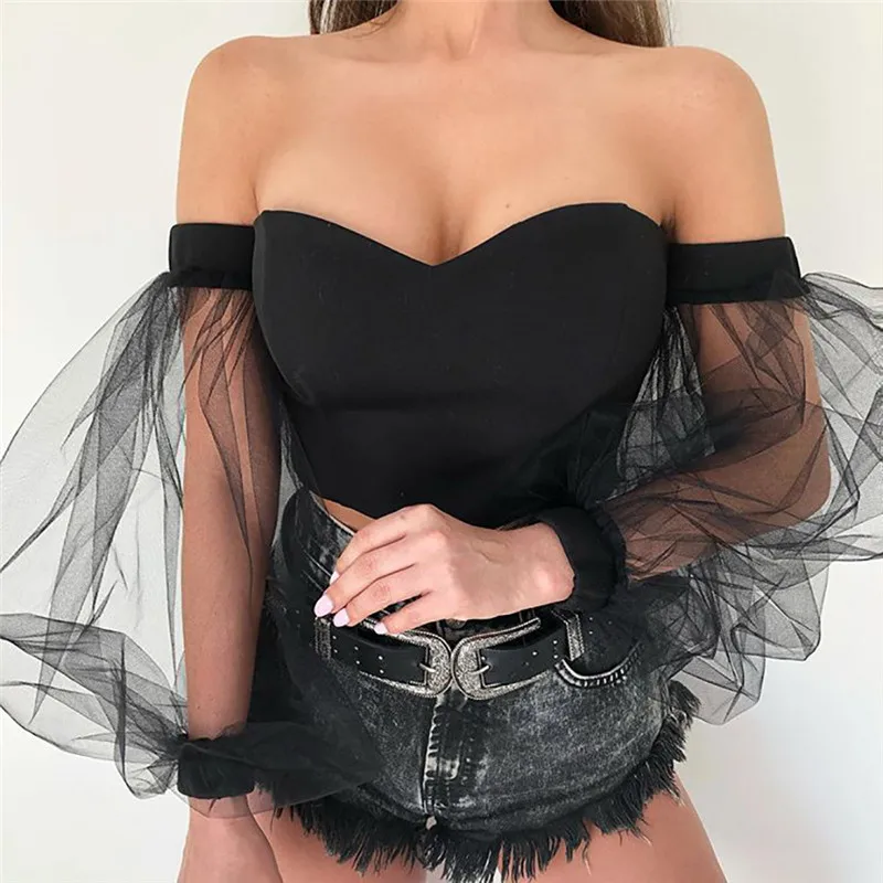 

Off shoulder Top Fashion Women Mesh Puff long sleeve Blouse T Shirt 2019 Summer Fall Spliced slash neck Pullover Clothes Stylish