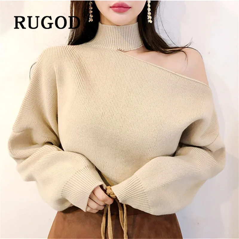 RUGOD New autumn korean chic sweater pullovers o neck off-shoulder solid knit pull fashion female elegant temperament tops