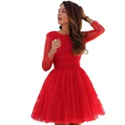 Женское мини-платье в горошек, с открытой спиной, круглым вырезом и длинным рукавом, сексуальное кружевное короткое платье с принтом, 2021