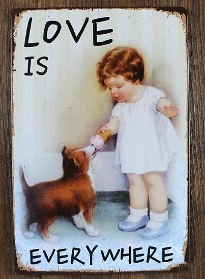 

Metal Love is Everywhere Kids Dog Painting Vintage Tin Sign Metal Framed Wall Art Coffee Bar Decor Plaque Sign