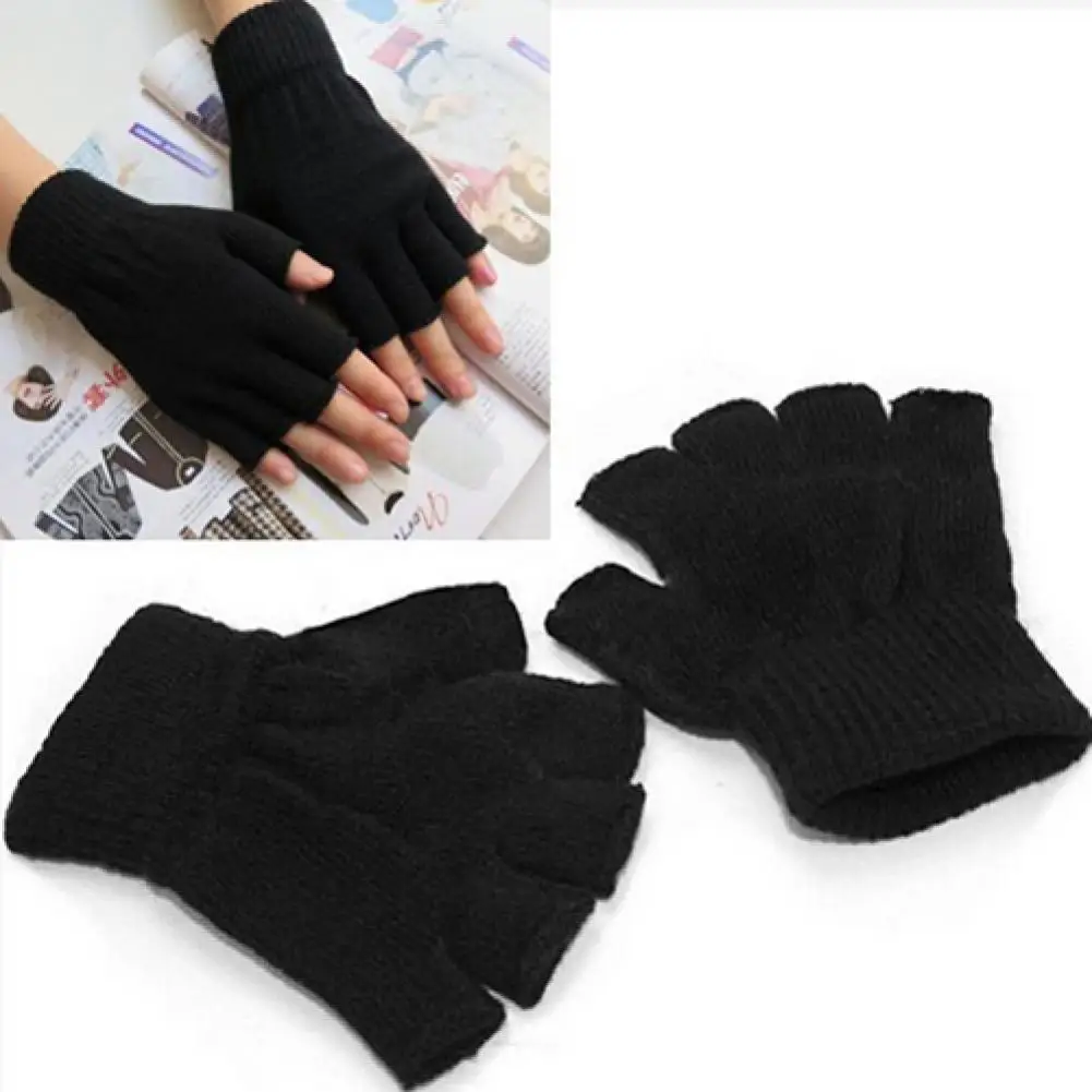 

Gloves 1 Pair Men Women Fingerless Winter Warmer Mittens Black Stretch Knitted Gloves