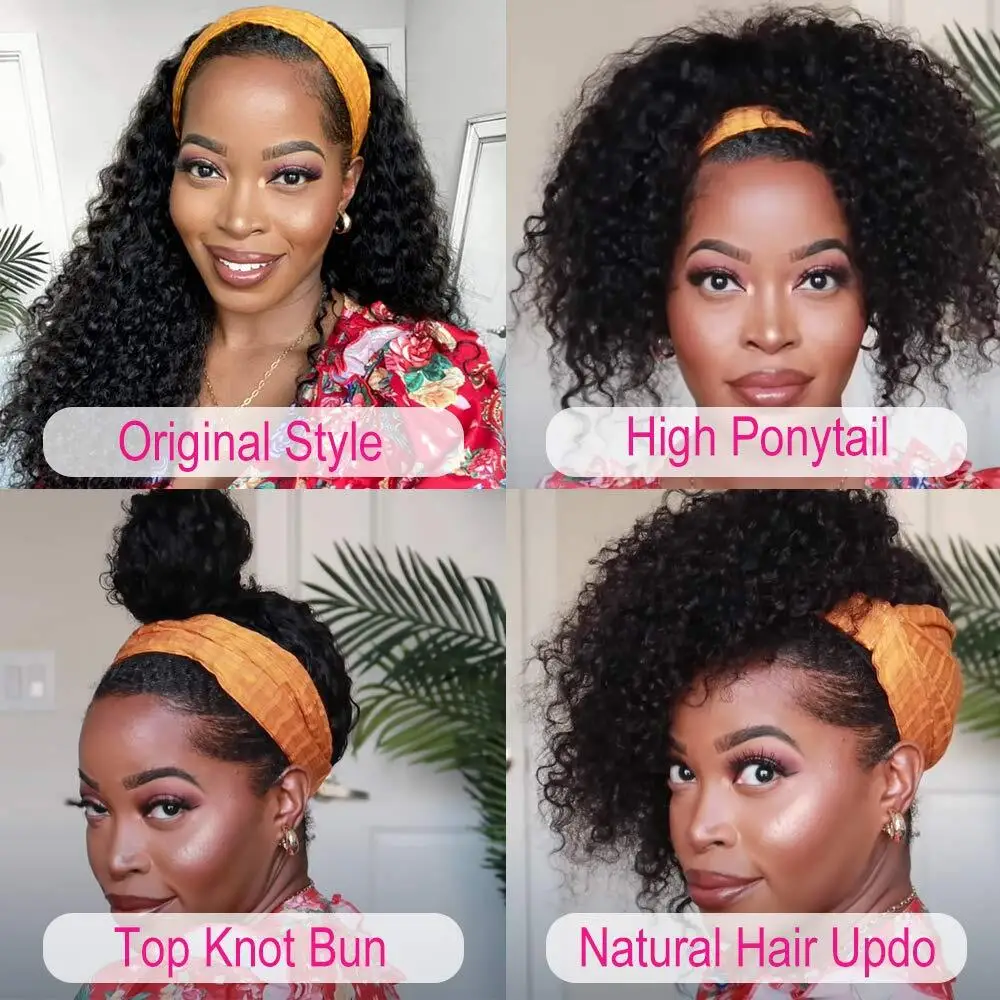 Headband Wig Human Hair Kinky Curly Brazilian 40 in Deep Wave Glueless Wigs For Women Remy Full Machine Made Fast Delivery | Шиньоны и