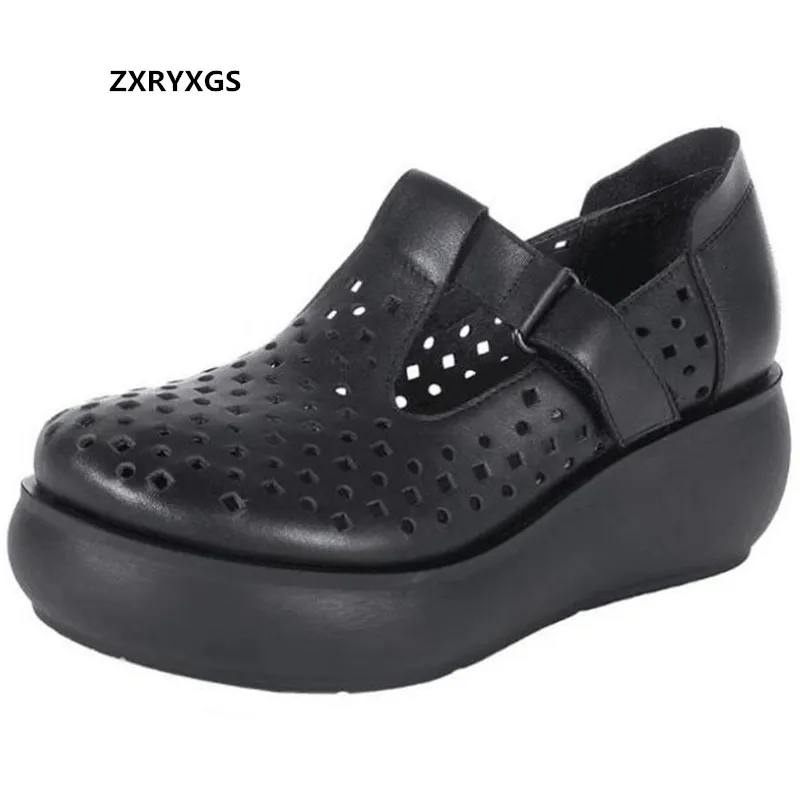 

2021 New Spring Summer High-quality Pu Hollow Women's Leather Shoes Breathable Sandals Platform Wedges High Heels Casual Shoes