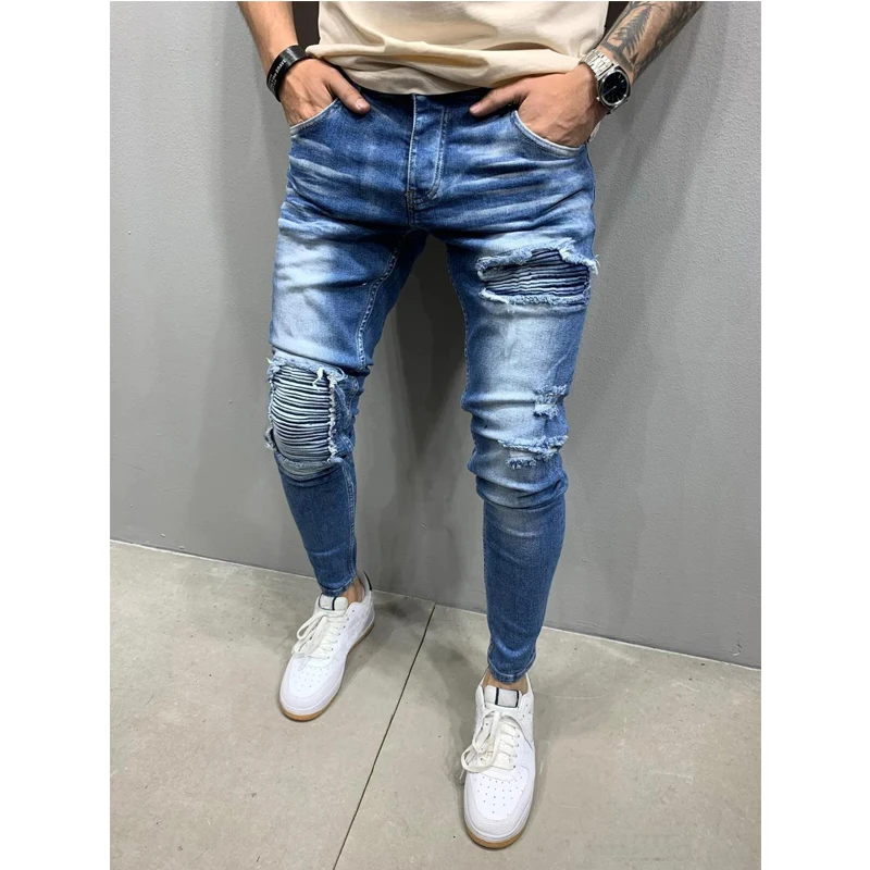 

Узкие Рваные джинсы Для мужчин Повседневное Slim Fit Для мужчин s джинсы в складку Homme брендовая Байкерская хип-хоп джинсовые штаны брюки Pantalones ...
