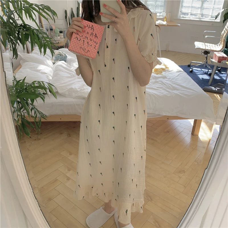 

Summer Nightgown Vintage Loose Long Nightdress Sleepwear Cotton Buttons Sweet Home Clothes Lace Ruffles Oversized Carrot Print