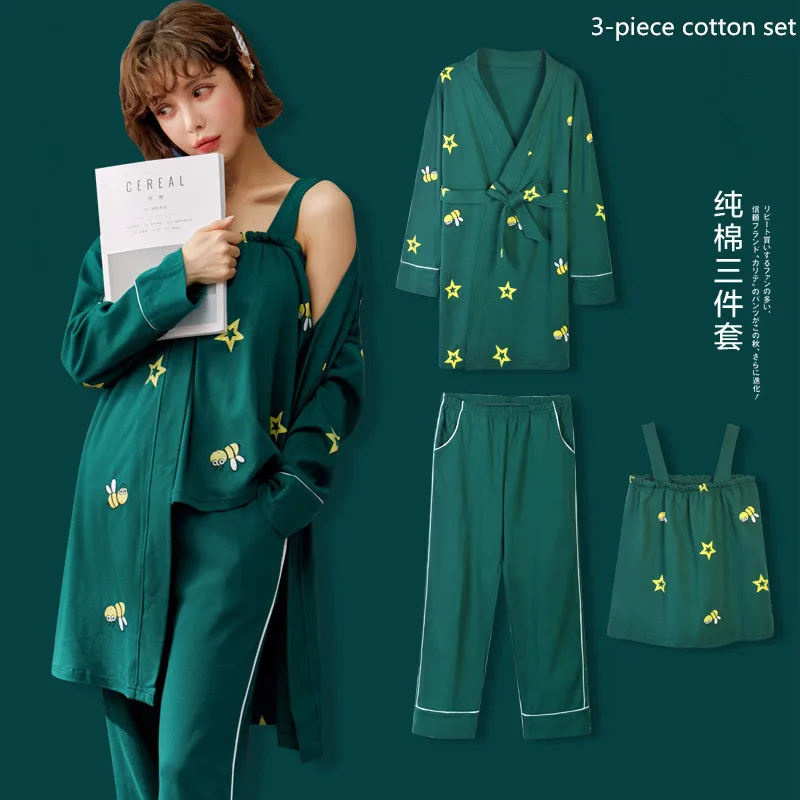 Хлопковая пижама комплект из 3 предметов одежда для сна женская милая Женская
