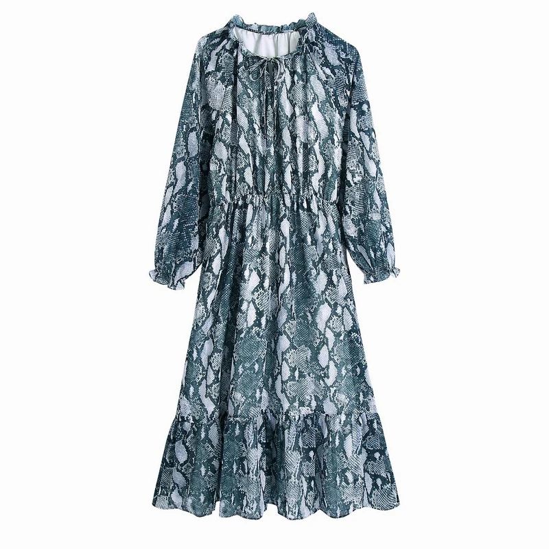 

Vintage Women Dress Autumn 2021 New Fashion Stylish Snake Pattern Prints Modern Lady Mid-Calf Vestidos