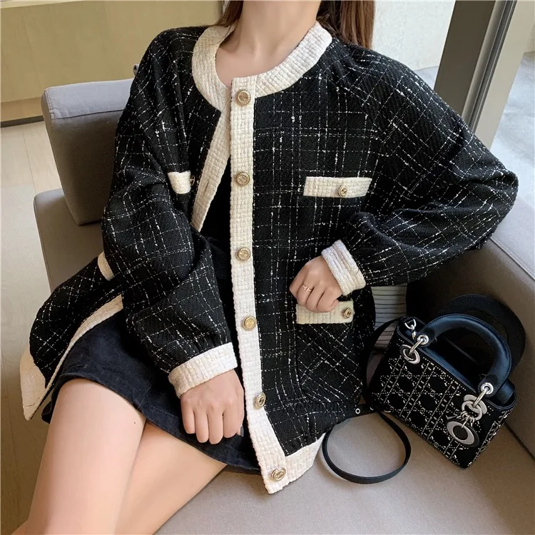 Cech tweed coat women clothes midi Elegant Slim Long Sleeve Plaid Coat Female Vintage jacket autumn winter coat ladies tops