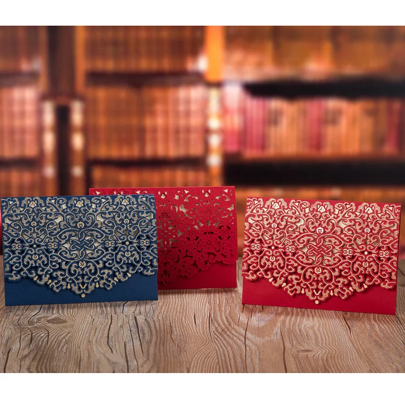 

1pcs Gold Red White Laser Cut Luxury Flora Wedding Invitations Card Elegant Lace Favor Print Envelopes Wedding Party Decoration