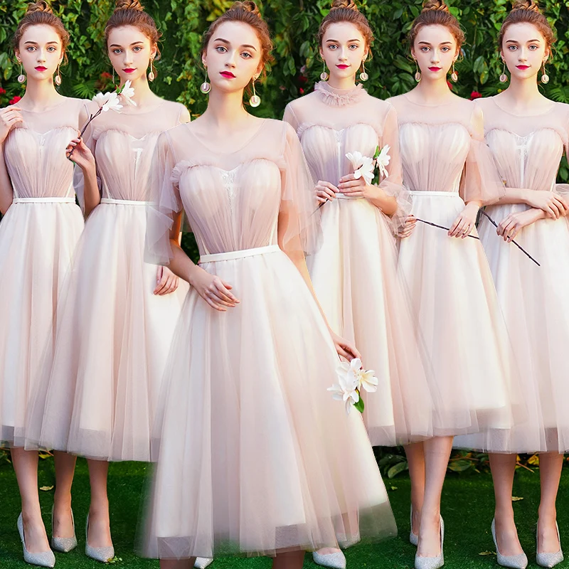 

Bridesmaids Dresses Illusion A-Line Sleeveless O-Neck Pleat Sashes Lace Tulle Ankle-Length Luxury Women Wedding Party Gown E068