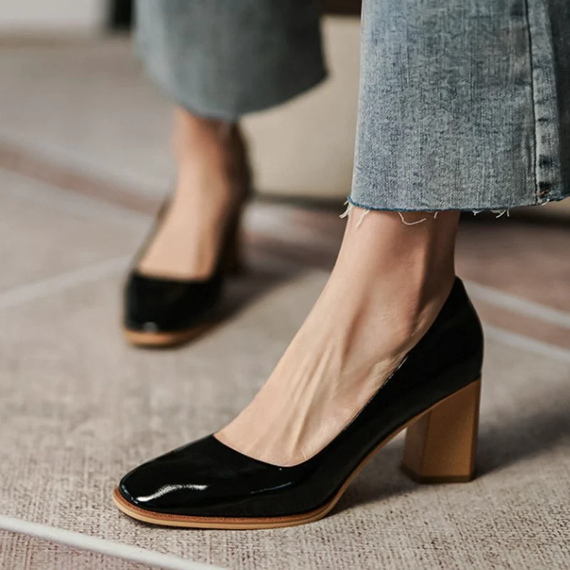 

Taoffen New Real Leather Women High Heel Shoes Square Toe Thick Heel Pumps Women Fashion Party Shoes Women Footwear Size 33-40
