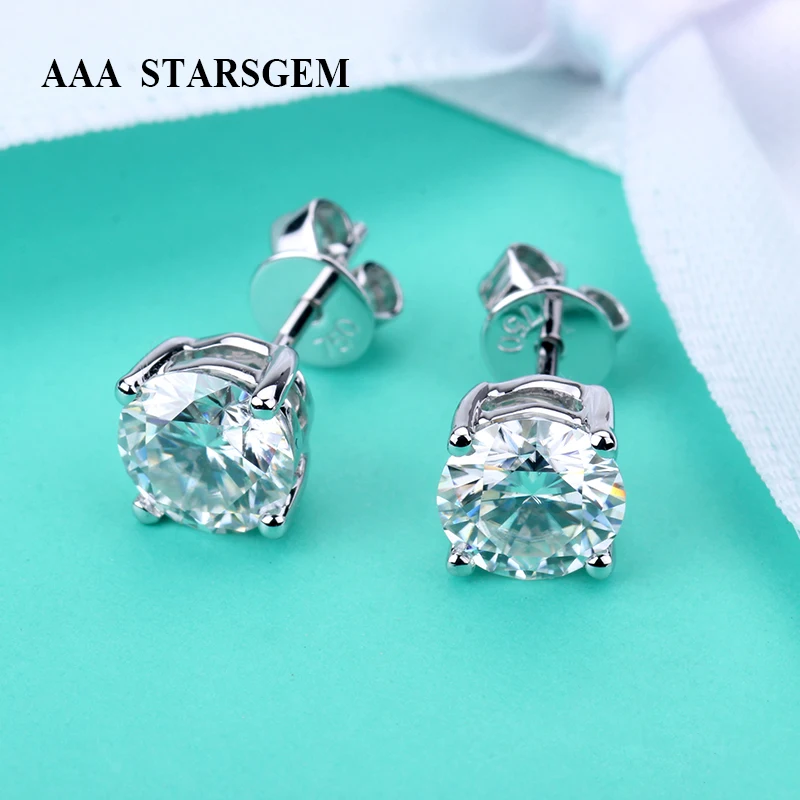 Классические Вечерние серьги гвоздики AAA Starsgem из белого золота 18 карат круглой