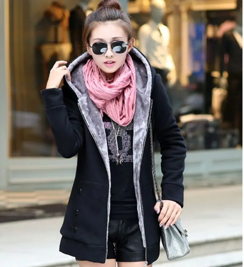 2021 Winter Ladies Thickened Zipper Hooded Knit Coat Solid Color Large Size Casual Fashion Long-sleeved Wilds | Женская одежда