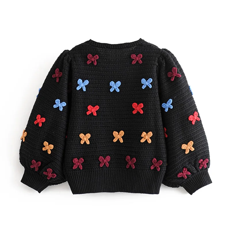 Женский трикотажный пуловер с рукавом-фонариком круглым вырезом | Женская одежда