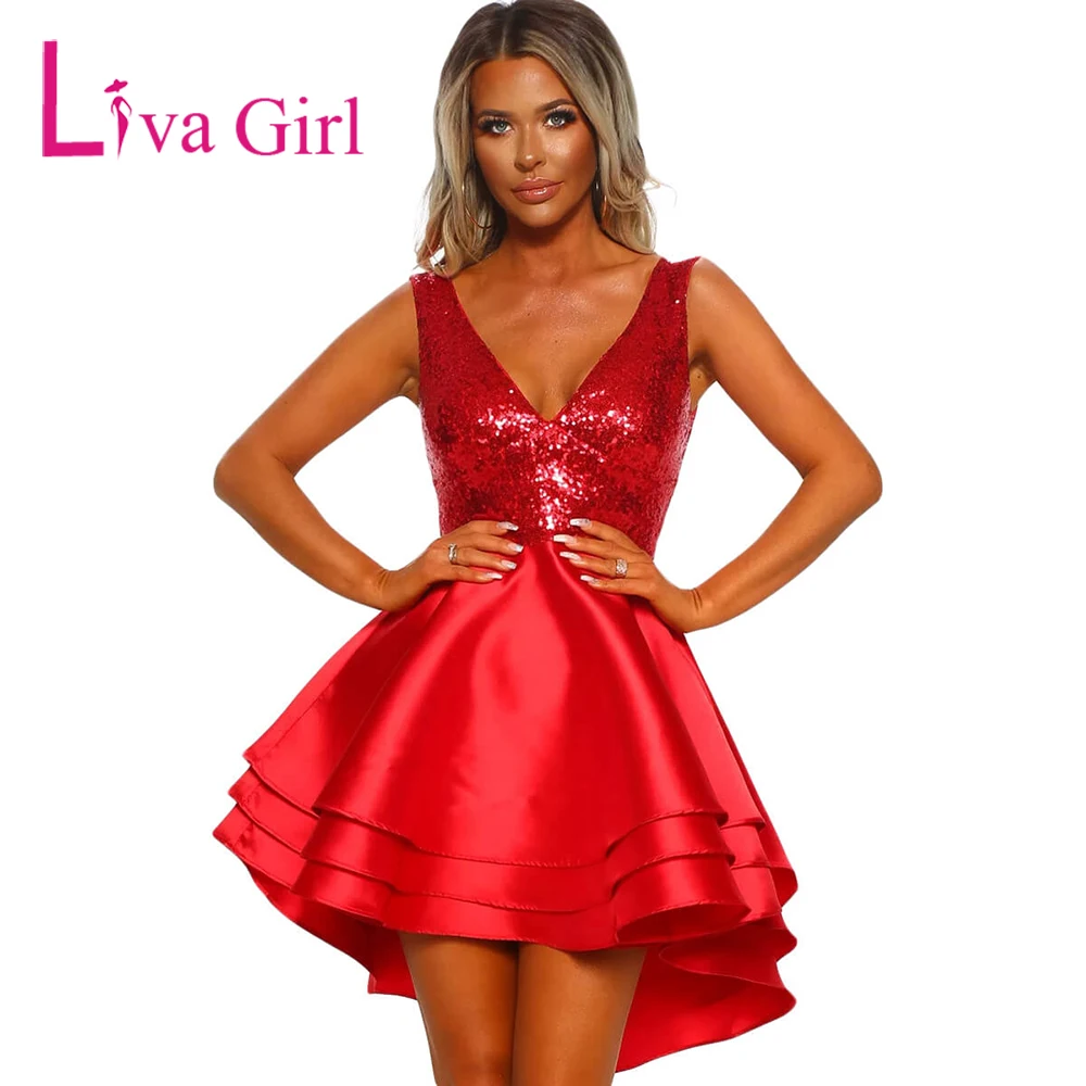 

Платье женское многослойное с блестками и глубоким V-образным вырезом, розовое и золотое, блестящее, короткое Клубное платье