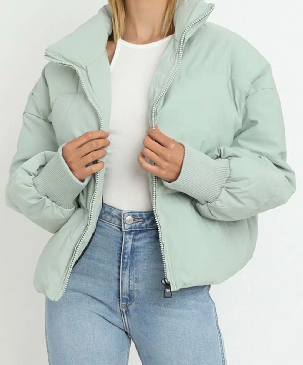 2021 Winter Women's Stand Collar Zipper Jacket Office Solid Pocket Cotton Short Coats Casual Long Sleeve Parka Female Outwear