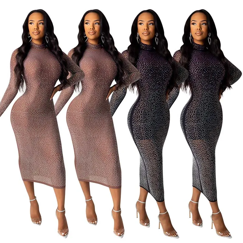 

Echoine Sexy Sheer Diamond See Through Dress Long Sleeve Long Dress Slinky Bodycon Dress Vestidos Dresses Woman Party Night