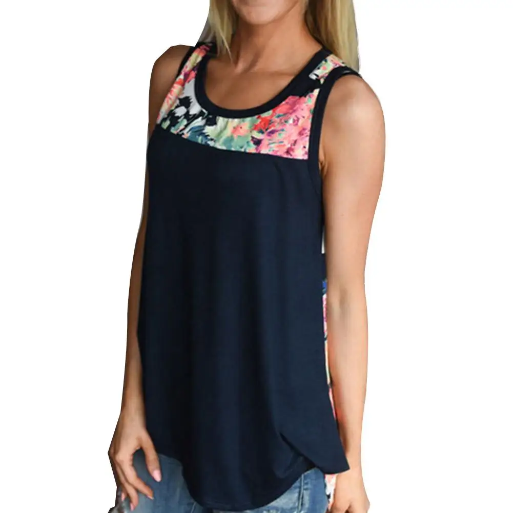

Hot apparel Summer Flower Patchwork Women Sleeveless Round Neck Vest Casual Loose Tank Top Black