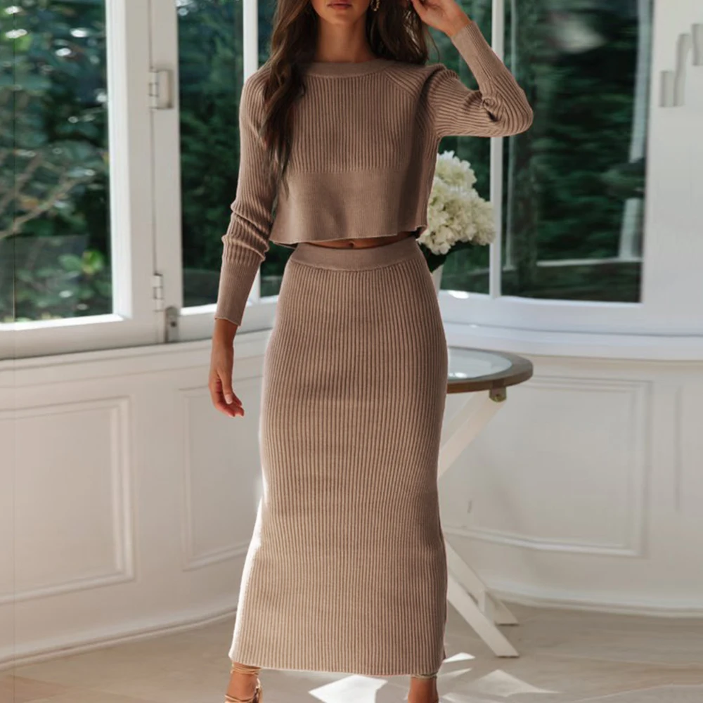 Vertvie Autumn Two Piece Sets Knitted Elegant Tracksuits Female Casual Warm White Sweater Skirts Sexy Lady Winter Suit Sets 2Pcs