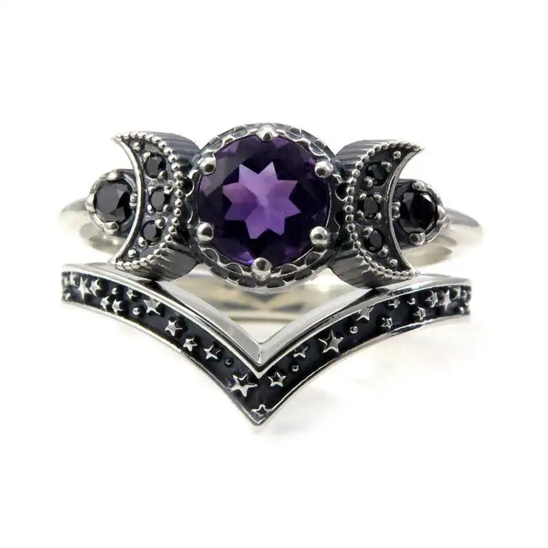

Hecate Triple Moon Ring Set Amethyst or Red Crystal Engagement Wedding Black Ring for Women Moon Goddess Jewelry Boho Gothic