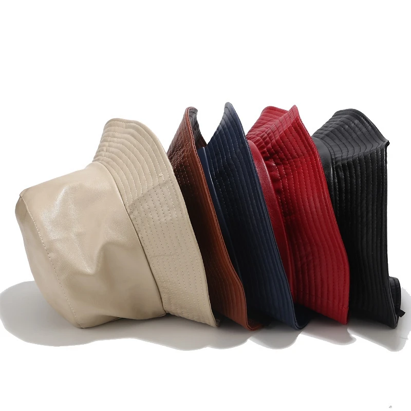 

Fashion PU Bucket Hat Leather Fishing Cap Soild Foldable Hiking Hat Hip-Hop Street Waterproof Panama for Women and Men