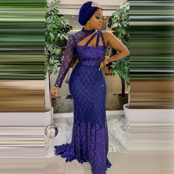 

Aso Ebi Evening Gowns Mermaid Royal Blue Floor Length Court Train Full Beadings One Shoulder Sheer Long Sleeve vestidos de gala