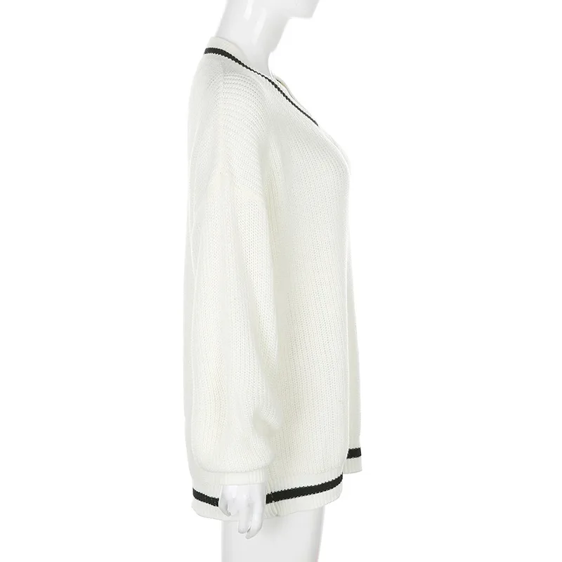 

Autumn And Winter Women Black Stripe Color Block Sweater White Solid Color Adults Loose Long Sleeve V-neck Pullover Streetwear