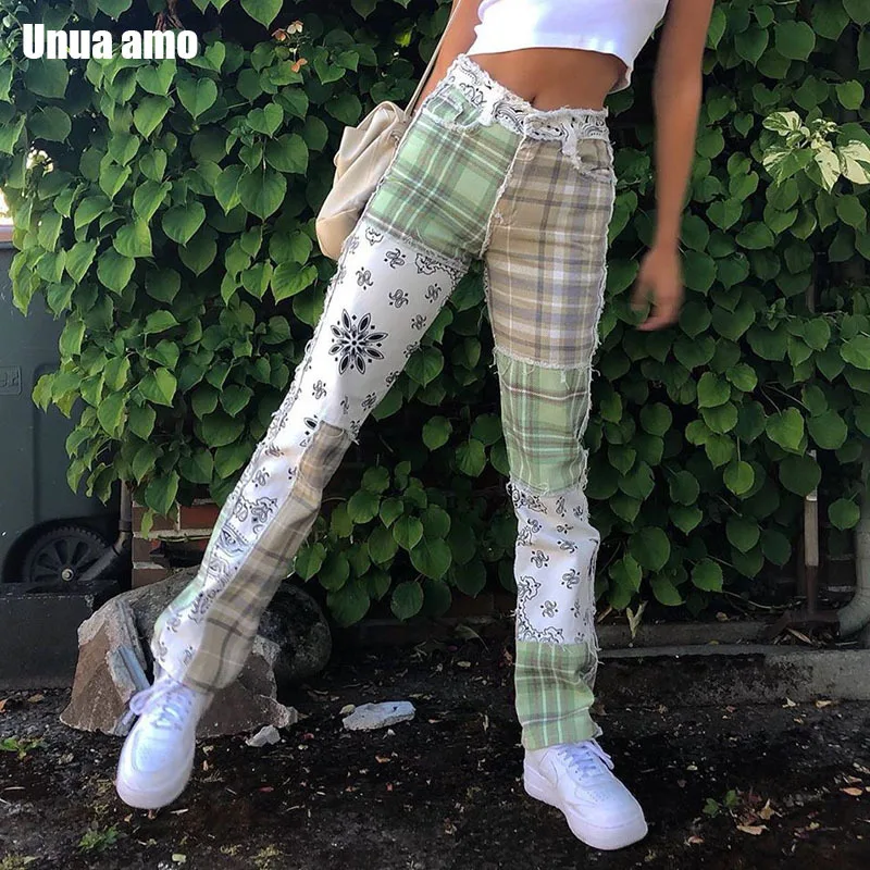 

Unua amo Personality Contrast Color Plaid Print Frayed Jeans Woman Vintage Straight Trousers Baggy Denim Pants Female