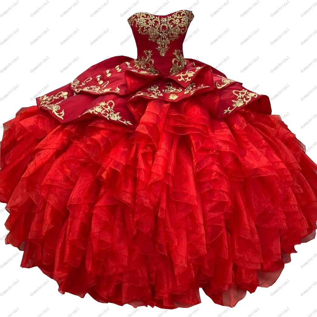 

Amazing Gold Embroidery Red Long Cheap Quinceanera Party Dresses Ruffles 2023 Vestidos De 15 Anos Sweet 16 Puffy Mexican Charro