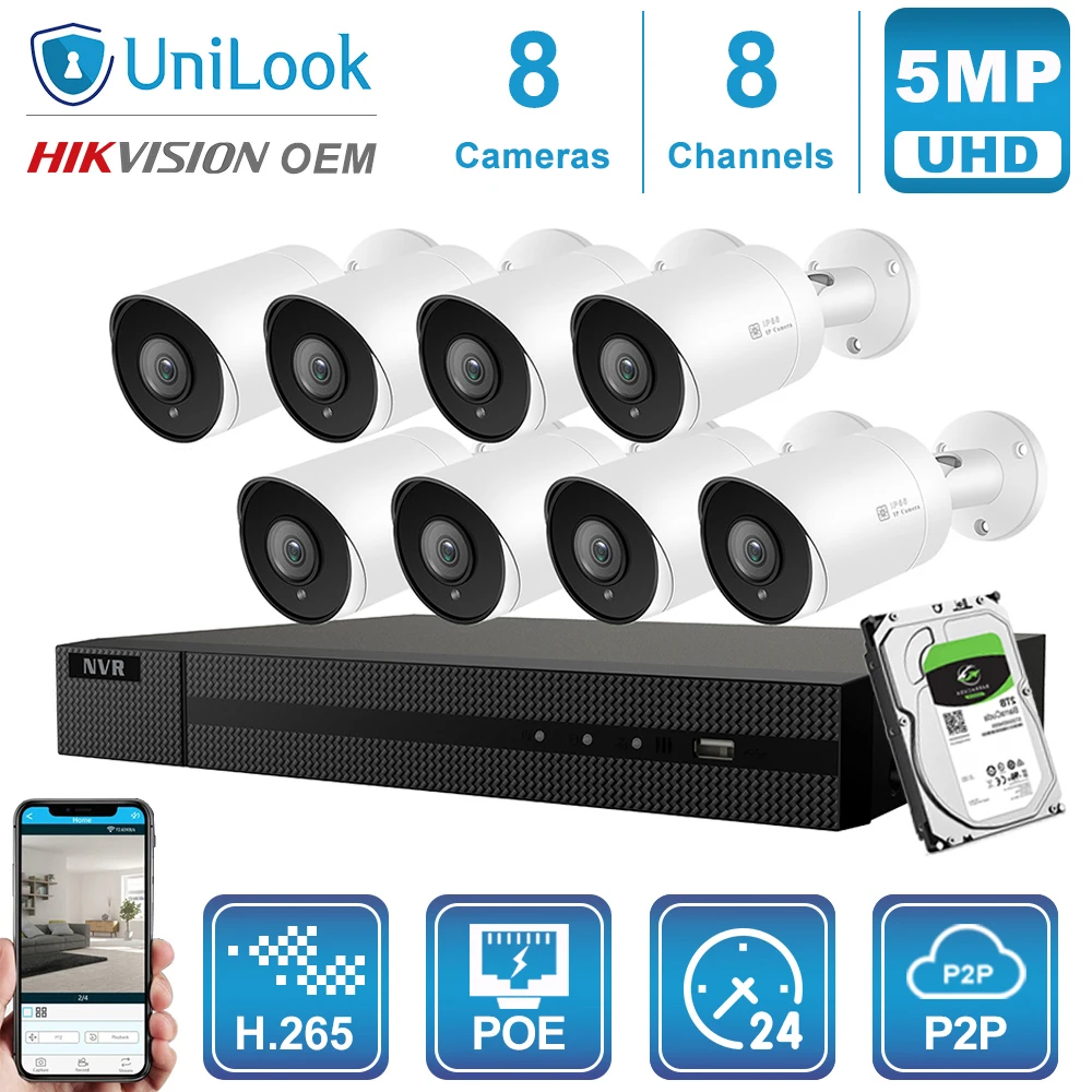UniLook 8CH NVR 4/6/8 шт 5MP Bullet POE IP камера комплект системы безопасности Hikvison OEM H.265 ночное