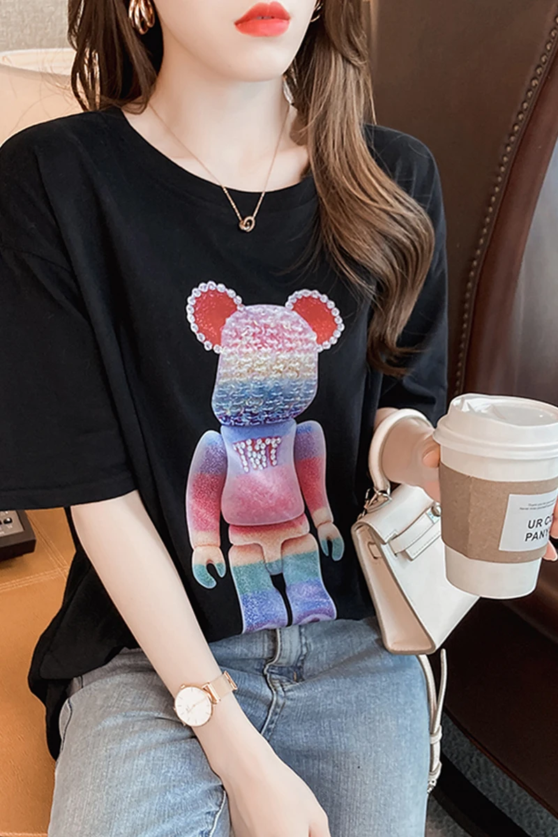 

Women Summer T-Shirts Cotton Beading Short Sleeve 2021 New Top Shirts Office Lady Cartoon O-Neck Loose Casual Girls T-Shirts