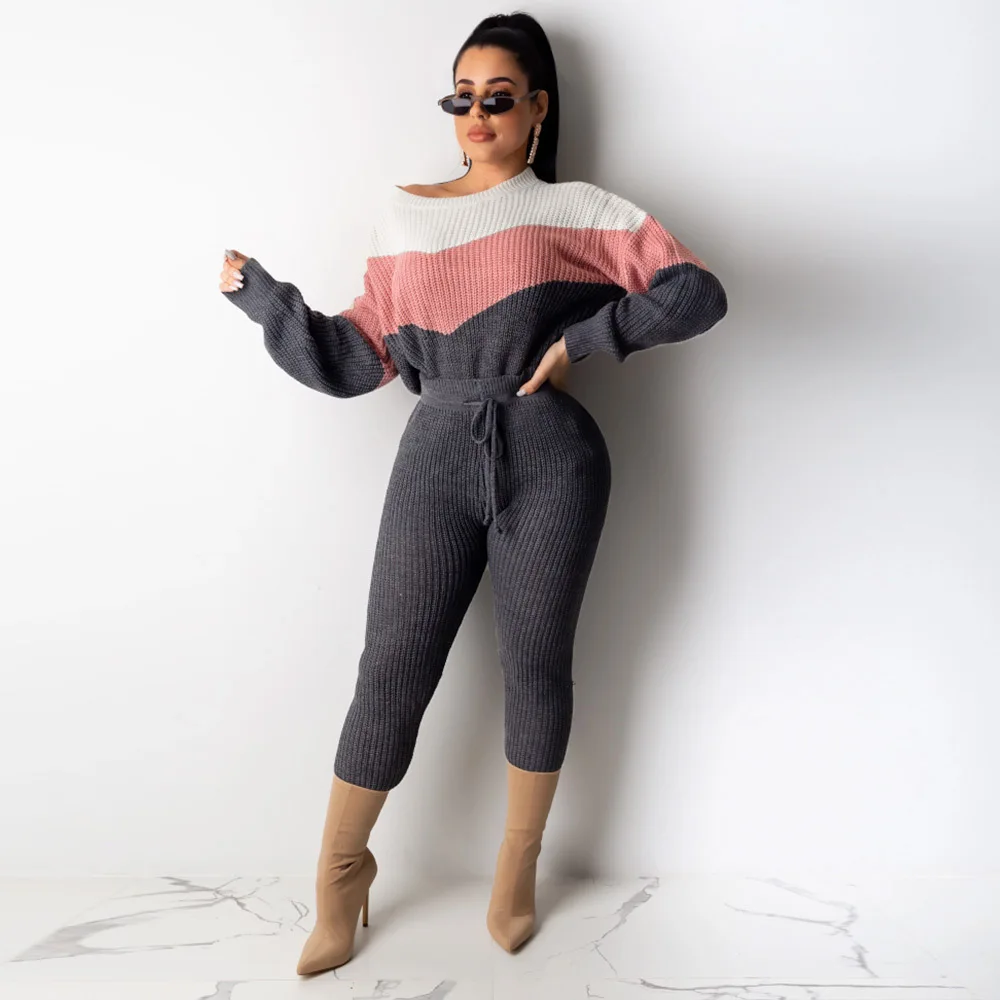 Теплый вязаный спортивный костюм повседневный комплект из 2 предметов Женский