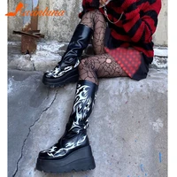 big size 35 43 brand new womens wedges high heels boots gothic punk zip high platform print boots woman party shoes woman