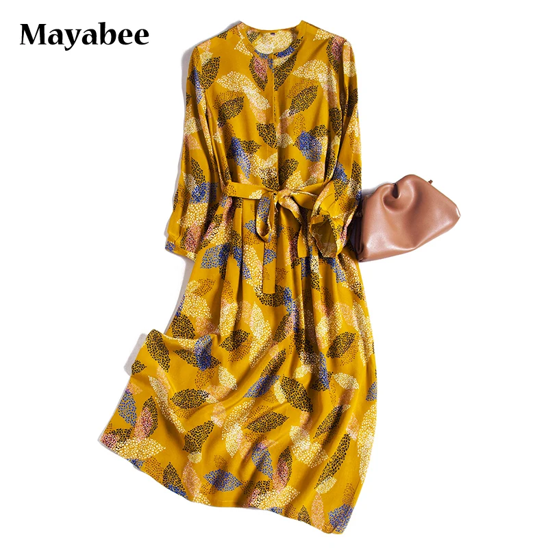 

Temperament Small Floral Nine-Point Sleeve Shirt Skirt Silk Dress Waist Was Thinner 2021 Spring And Summer New