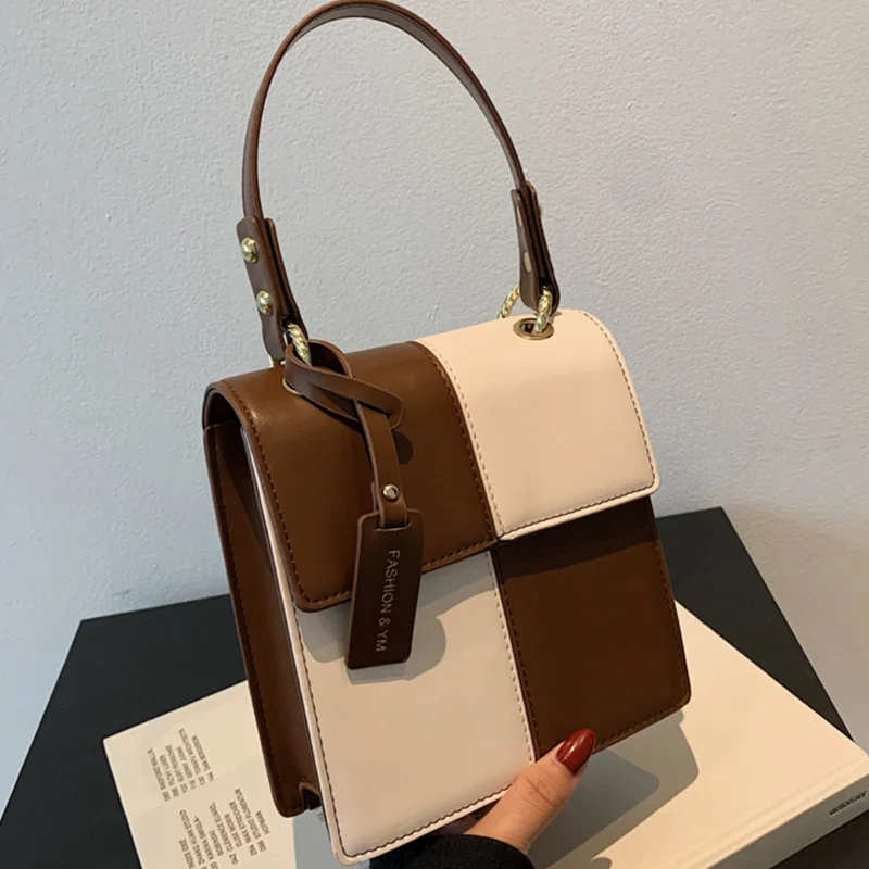 

Color Contrast PU Leather Plaid Shoulder Crossbody Bags For Women 2021 Women's Designer Small Handbag Female Travel Flap Bag
