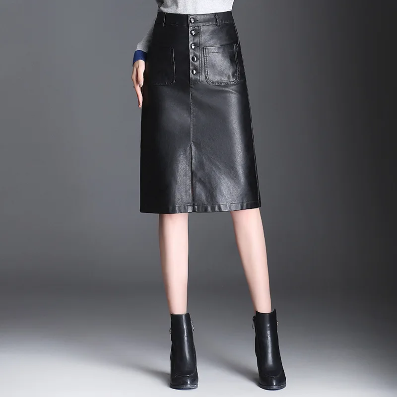 Юбка из искусственной кожи женская новая осенне зимняя юбка с разрезом высокая