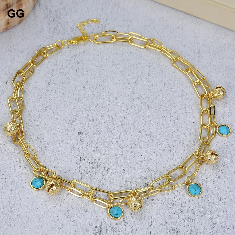 GG Jewelry 17'' 2 Strands Gold Plated Small Bell Blue Turquoise Coin Pendant Chain Necklace | Украшения и аксессуары