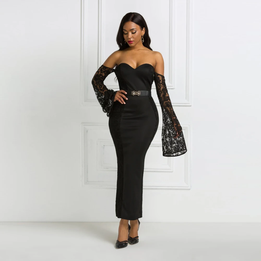 Черное кружевное платье с открытыми плечами вечерние платья длинным рукавом и