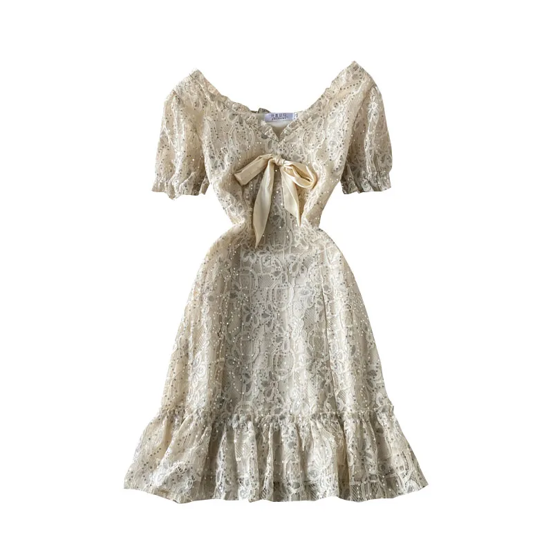 

Bud silk v-neck bowknot sequined dress female summer new little cultivate morality show thin falbala fairy s