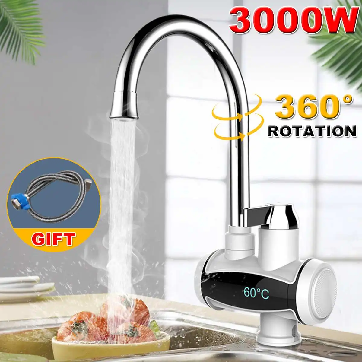 

Instant Tankless Electric Hot Water Heater Faucet Kitchen 360 Rotatable Heating Tap Water Heater With LED Temperature Display